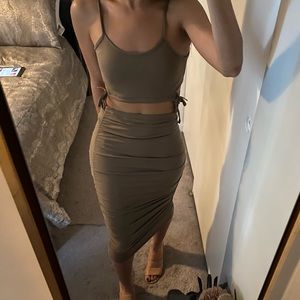 LAST ONE "Be Mine" Sexy Taupe Cut-out Crop Top & Ruched Midi Skirt Set Sz M